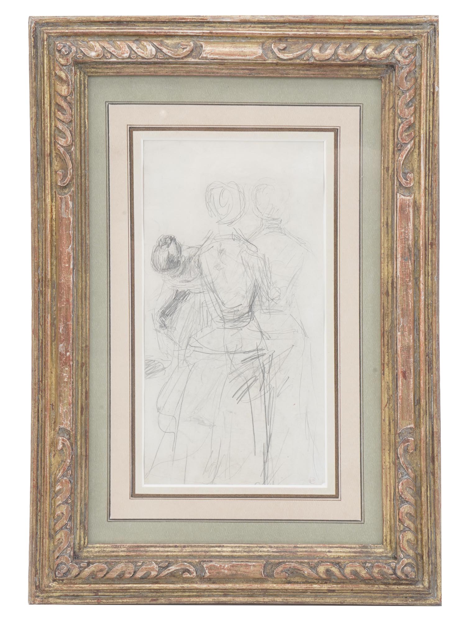 ANTIQUE PENCIL DRAWING OF DANCERS SIGNED RENOUARD PIC-0